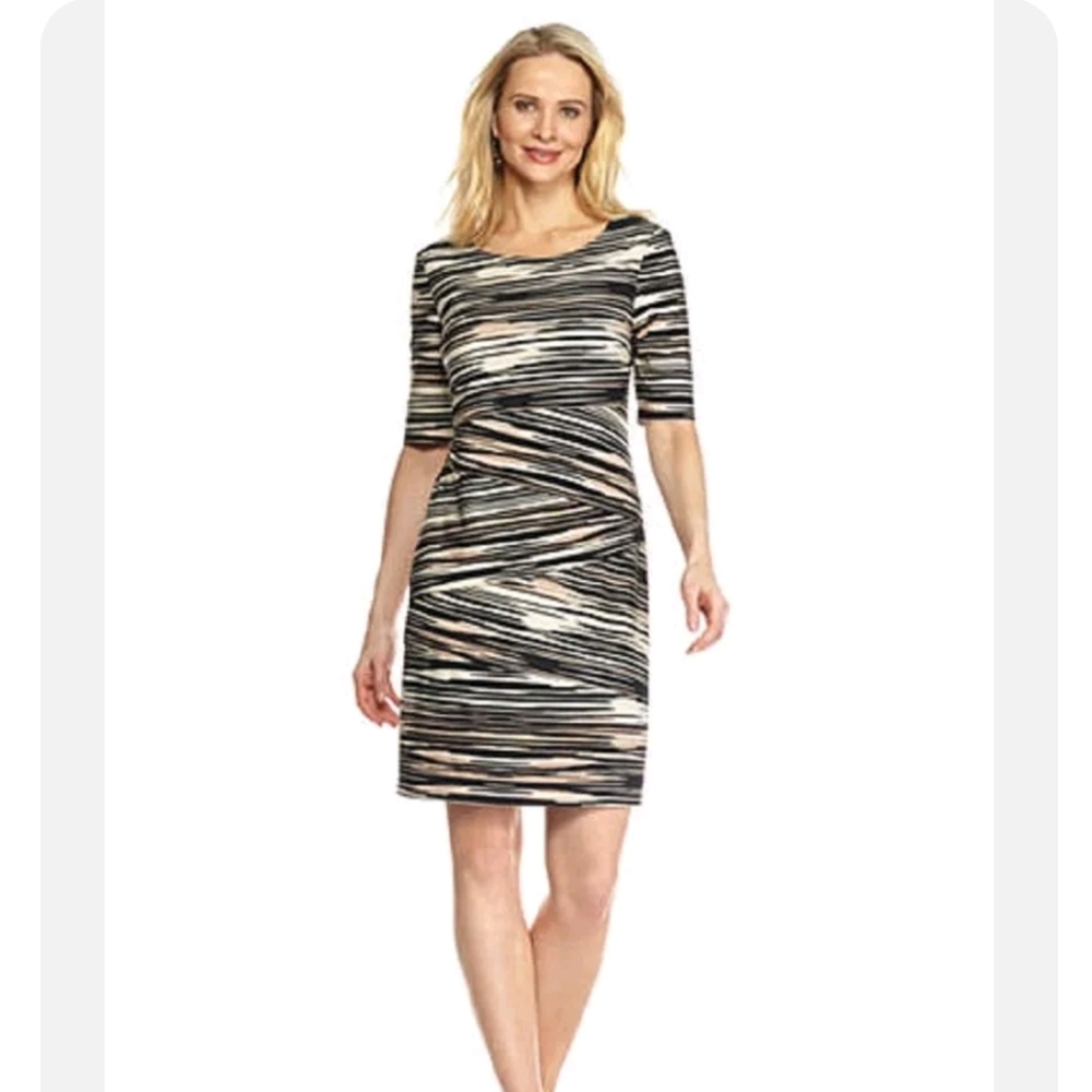 Connected Apparel Tiered Sheath Dress  Beige Black Stripes 1/2 Sleeves 16